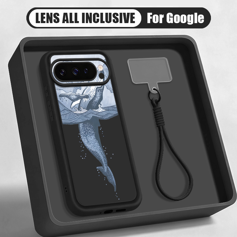 Google Pixel 9 - เคสโทรศัพท์ซิลิโคนนิ่มลายปลาวาฬหลังโค้ง พร้อมสายคล้องข้อมือ สำหรับ Google Pixel 10
