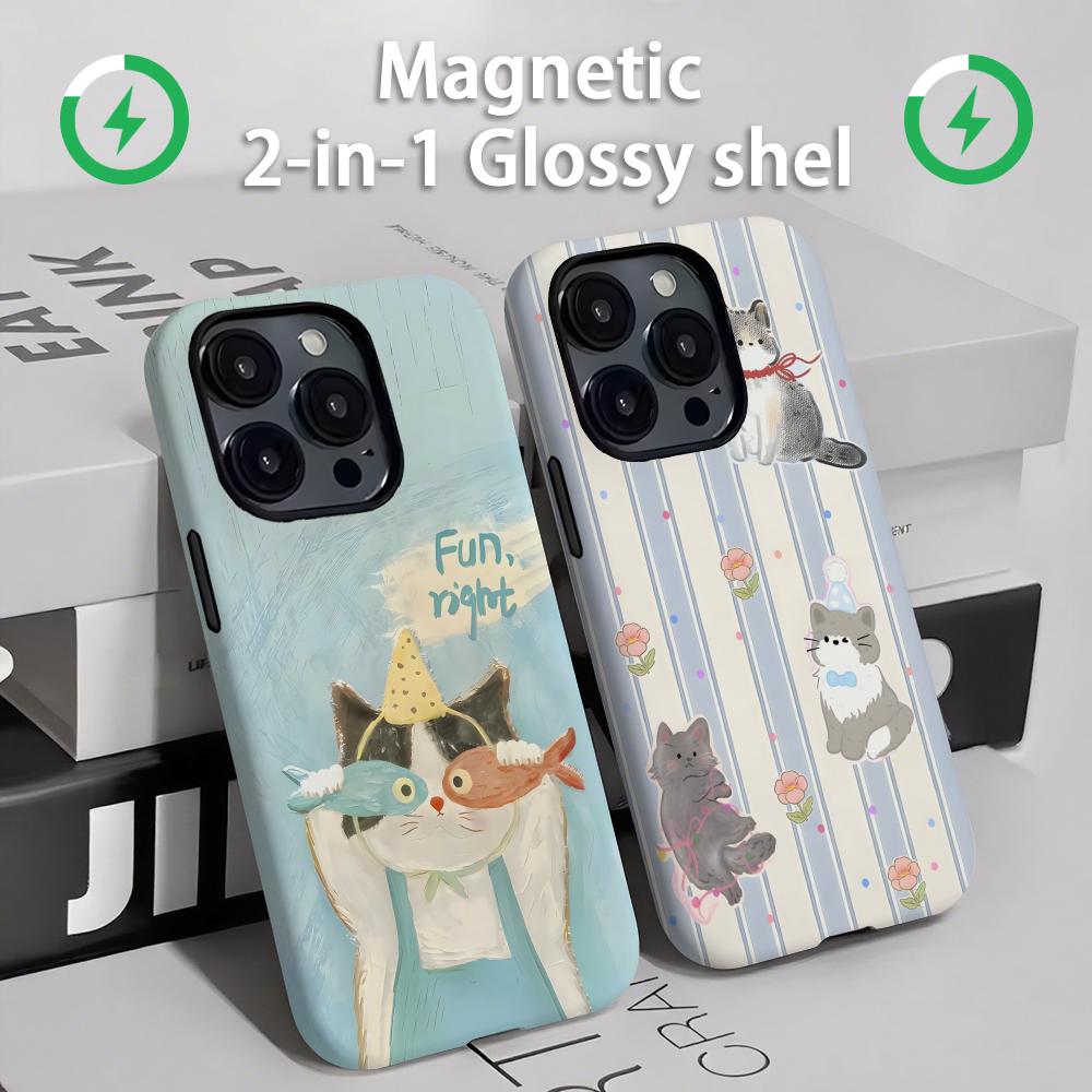 Apple Iphone 15 Pro Max - แมวและสุนัขน่ารักเคสโทรศัพท์แม่เหล็ก 2-in-1 Glossy SHELL สําหรับ iPhone