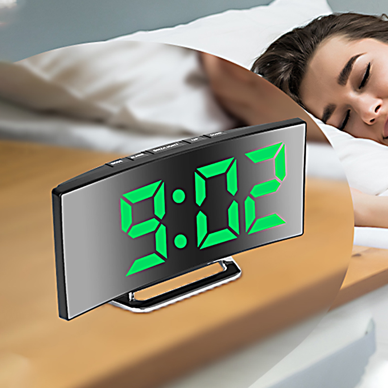 Modern Electronics Gadgets - นาฬิกาปลุกดิจิตอล LED หน้าจอโค้ง กระจกเงา นาฬิกาอิเล็กทรอนิกส์แบบเงียบ สำหรับห้องนอน