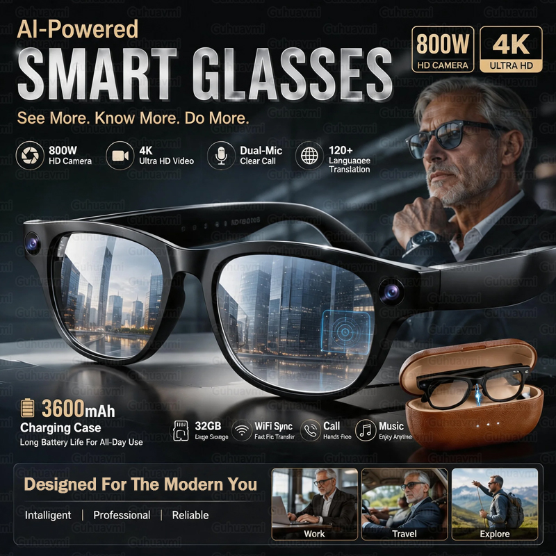 Smart Glasses Ar - แว่นตาอัจฉริยะ AI พร้อมแบตเตอรี่สำรอง 3600mAh กล้อง UHD